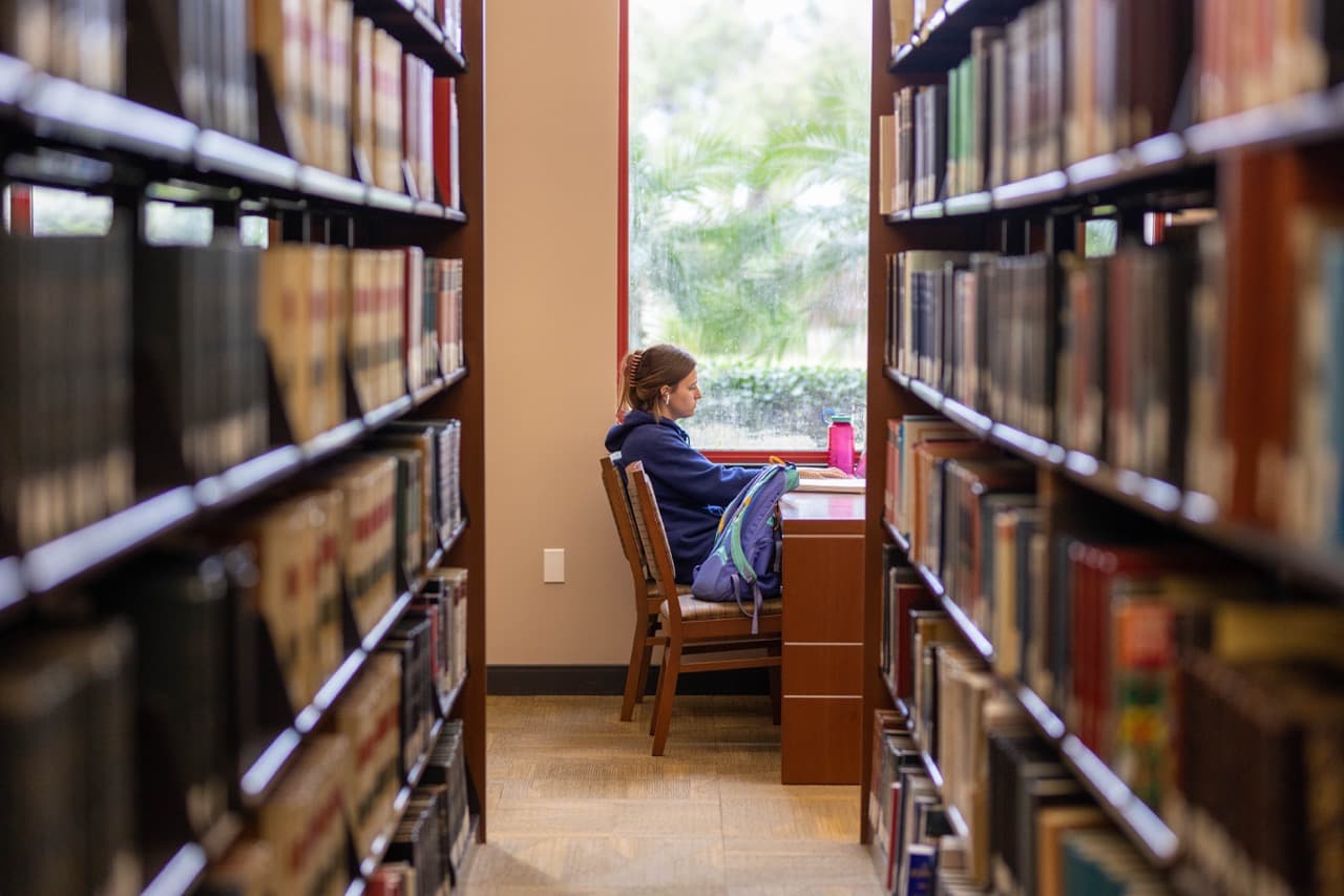 Student studying at desk in library